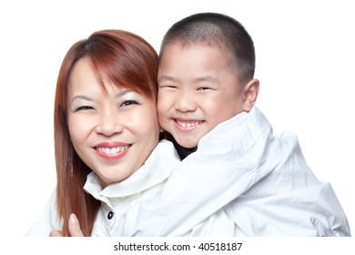 Asian Chinese Boy Hugs Mum Isolated On White