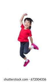 Asian Chinese little girl jumping up and wave her hands in isolated white background