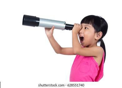 Asian Chinese Little Girl Looking Through A Telescope In Isolated White Background