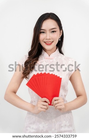 Similar – Image, Stock Photo Woman holding red lucky clover in hand