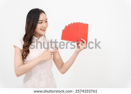Similar – Image, Stock Photo Woman holding red lucky clover in hand