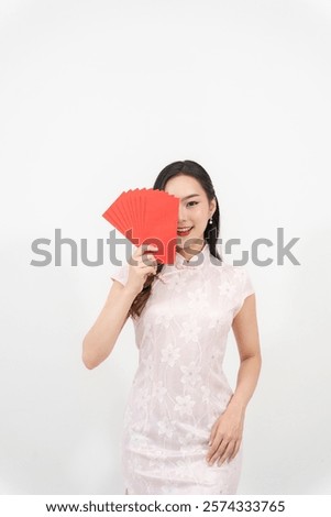 Similar – Image, Stock Photo Woman holding red lucky clover in hand