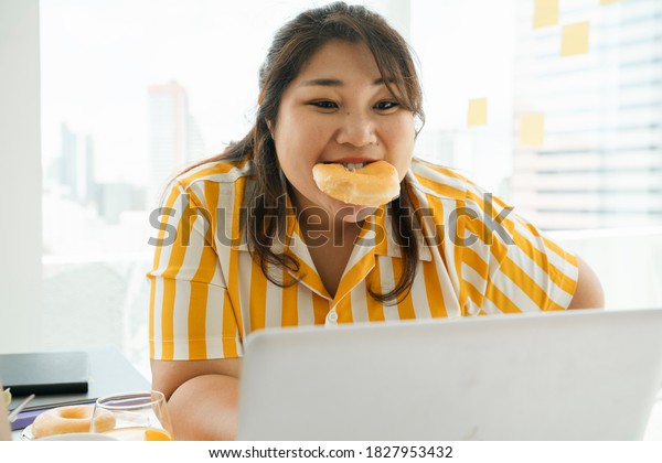 Asian Chubby Woman Enjoy Unhealthy Eating Sweet Dessert Donut With 