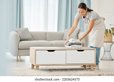 Asian Cleaner Or Woman With Towel Laundry Happy Working For Luxury Hospitality Hotel, Home Or House Cleaning Service Agency. Japanese Girl Maid, Employee Or Worker Smile And Help At Rich Apartment