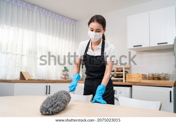 Asian Cleaning Service Woman Worker Cleaning Stock Photo 2075023015