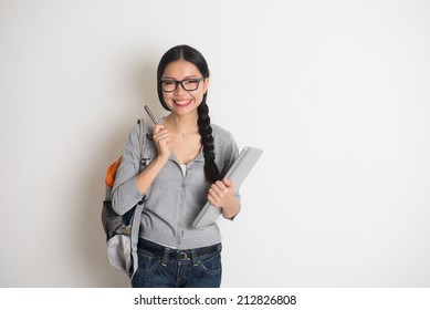 Asian College Girl Thinking Holding Pen Stock Photo 212826808 ...