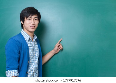 Asian College Student Pointing Blackboard Classroom Stock Photo 