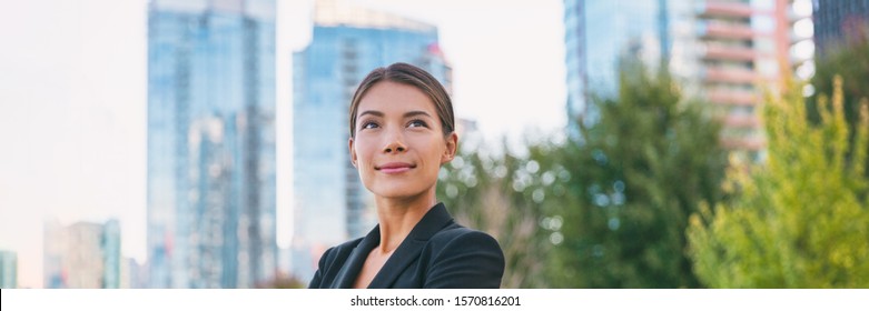 Asian Confident Business Woman Looking Up To The Bright Future Of Her Career Opportunities. Job, Work Aspirational Banner Panorama Background. Businesspeople Lifestyle.