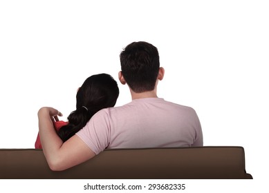 Asian Couple From Back On Couch, Isolated On White.