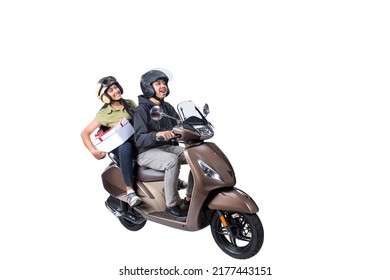 Asian couple with a helmet sitting on a scooter and carrying a gift box isolated over white background