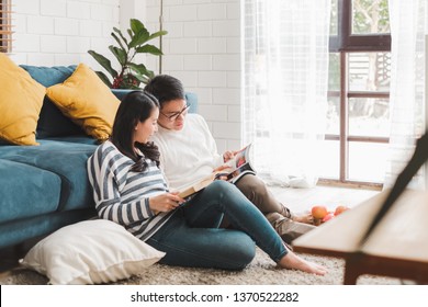 Asian Couple Man And Woman Talking Working  Spend Time Together At Home, Asian Couple Family Lifestyle Concept