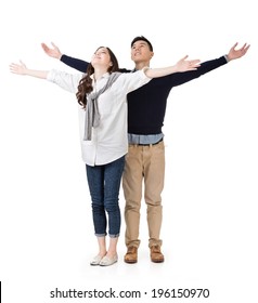 Asian Couple Open Arms Feel Free, Full Length Portrait Isolated On White Background.