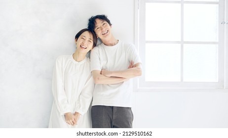 Asian couple in the room. Beauty concept. Skin care. Cosmetics.