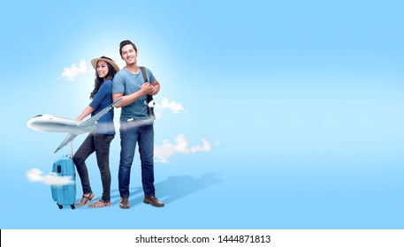 Asian Couple With Suitcase Bag And Backpack Going Traveling With Airplane. Traveling Concept