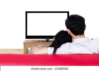 Asian Couple Watching Blank Tv On White Background - Back Shot