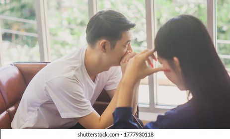 Asian Couples Mental Health Problems,and Stressed,tired Lovers From Debt,mental Problems Lives,poor Mental Health,in Living Room Of House,from Outbreak Coronavirus Or Covid 19 Virus