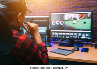 Asian Creative Man And Editor Video Work Vlogger Editing Video Create Content For Upload On Social Media Or Internet Online Connect Communication People Ware Global.