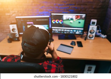 Asian Creative Man And Editor Video Work Vlogger Editing Video Create Content For Upload On Social Media Or Internet Online Connect Communication People Ware Global.