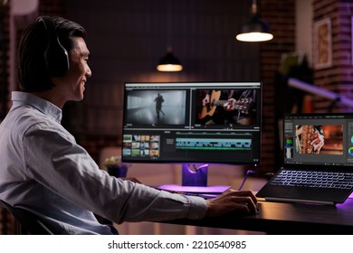 Asian creator editing movie footage with media software, working on film montage production. Creating video content with color grading and visual effects, using computer interface at home. - Shutterstock ID 2210540985