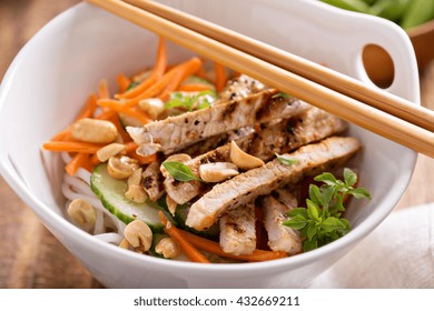 Asian Cuisine Chicken Salad With Rice Noodles, Carrot And Peanuts