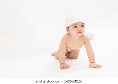 Asian Cute Baby Crawl And Train An Infant To Stand On White Step In White  Background