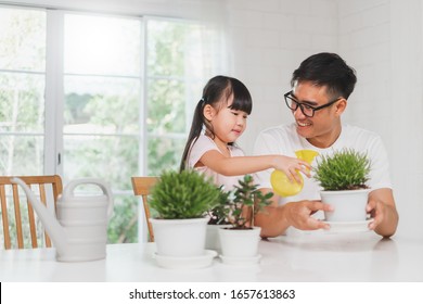 Asian Cute Girl Help Father To Plant Flowers, Watering At Home, Asian Family Home Gardening Concept