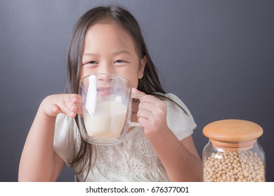 Asian Cute Kid Girl Age 6 Year Drink Soy Milk Big Cup Before Bed Time