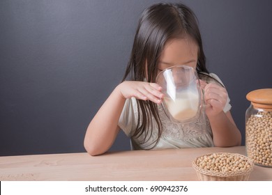 Asian Cute Kid Girl Age 6 Year Drink Soy Milk Big Cup Before Bed Time