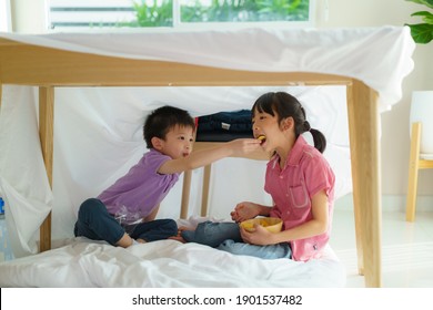 Asian Cute Little Boy Feeding Snack To His Sister Sibling While Sitting In A Blanket Fort In Living Room At Home For Perfect Hideout Away From Their Other Family.