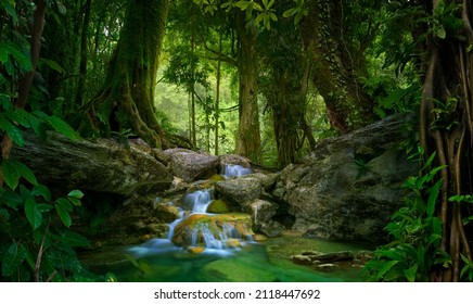 Asian deep jungle with waterfall - Shutterstock ID 2118447692