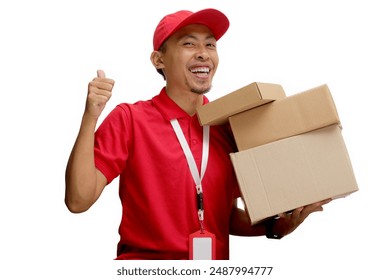 Asian delivery man or courier giving a thumbs-up gesture at the camera while carrying a cardboard box package parcel, isolated on a white background - Powered by Shutterstock