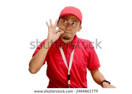 Asian delivery man or courier makes a zipping mouth gesture, signaling the need to keep a secret, isolated on a white background. Concept of secrecy, confidentiality, and privacy in delivery services