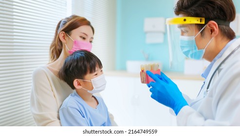 Asian Dentist With Face Shield And Mask Teach Boy Knowledge About Stomatology With Teeth Model