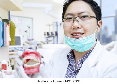 Asian Dentist Is Showing Braces On Fake Teeth At The Clinic