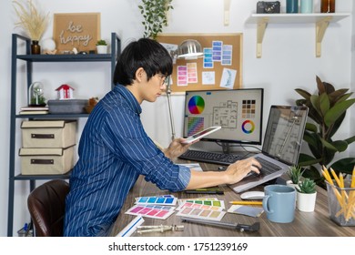 Asian Designer or creative Occupation Design Studio artist working on graphic computer at the office using graphics tablet and a stylus, Illustrator Graphic Skill Concept - Shutterstock ID 1751239169