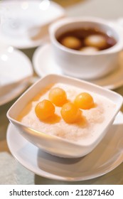 Asian Dessert Sakhu In Coconut Milk With Cantaloupe Ball Topping