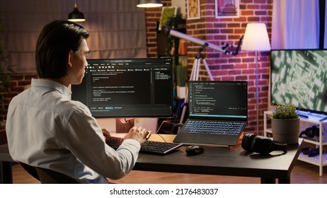 Asian developer programming code on firewall server, using computer and binary code to program application system. Coding security network with hacking encryption. .