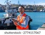 Asian dock worker smiling while standing at a busy port, wearing an orange safety vest and using a smartphone for communication and logistics management