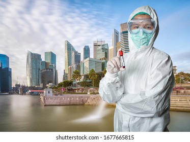 Asian Doctors With Covid 19 Virus Or Corona Virus Protection Suit Show Covid 19 Blood Test Tube With Virus Outbreak Situation And Singapore City Background.