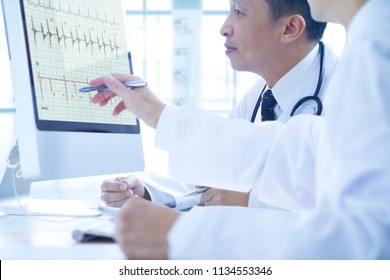 Asian Doctors Discuss To Each Other While Analysing A Patient’s Health Data On Computer Monitor.