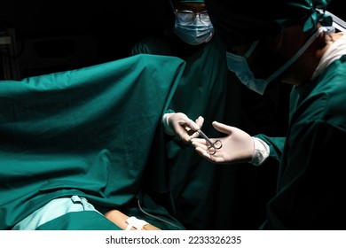 Asian doctors perform surgery A group of surgeons at work is busy with patients. Veterinary medicine or health care and hospital emergencies - Shutterstock ID 2233326235
