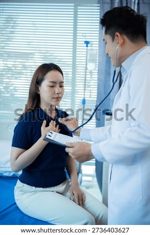 Asian doctors are using stethoscopes to listen to patients' heart sounds and breathing, providing cardiology advice, diagnosing conditions, and engaging in friendly discussions about healthcare.