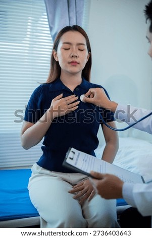 Asian doctors are using stethoscopes to listen to patients' heart sounds and breathing, providing cardiology advice, diagnosing conditions, and engaging in friendly discussions about healthcare.