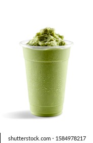 Asian Drink Milk Tea Matcha Green Tea Slushie Slushy Frappe In Clear Plastic Take Away Cup On White Background