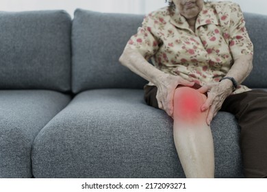 Asian Elder Woman Having A Critical Health Problem At Knee And Bone Joint, Woman Touching Or Holding At Knee. Elder Woman Getting Hurt And Injured At Her Leg.