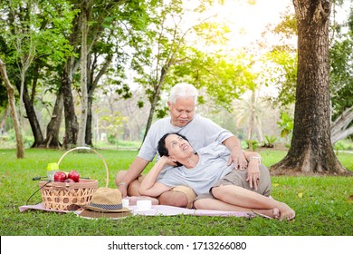 Asian Elderly Couples Sit For Picnics And Relax In The Park. They Are Happy In Life After Retirement. Old Age Health Care Concept. Copy Space