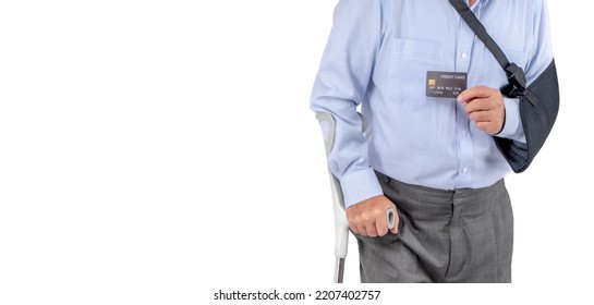 Asian Elderly Man With Hat Broken  Card With Arm Splint .Old Mature Man With And Medical Supplies For Musculoskeletal Injury Patients Walking.