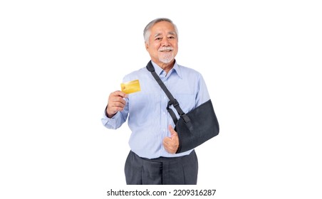 Asian Elderly Man With Hat Broken Arm Wear Arm Splint For Treatment And Smiling And Holding Credit Card For Confident Lifestyle, Old Elderly Male Payment Credit Card Medical Care.