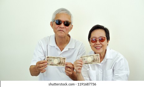 Asian Eldery Couple Happy Wealthy Holding Japanese Yen Money