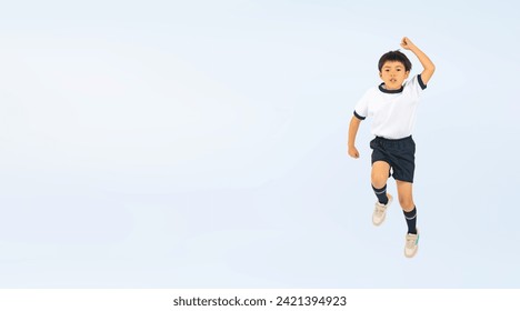 Asian elementary school boy jumping wearing gym clothes - Powered by Shutterstock